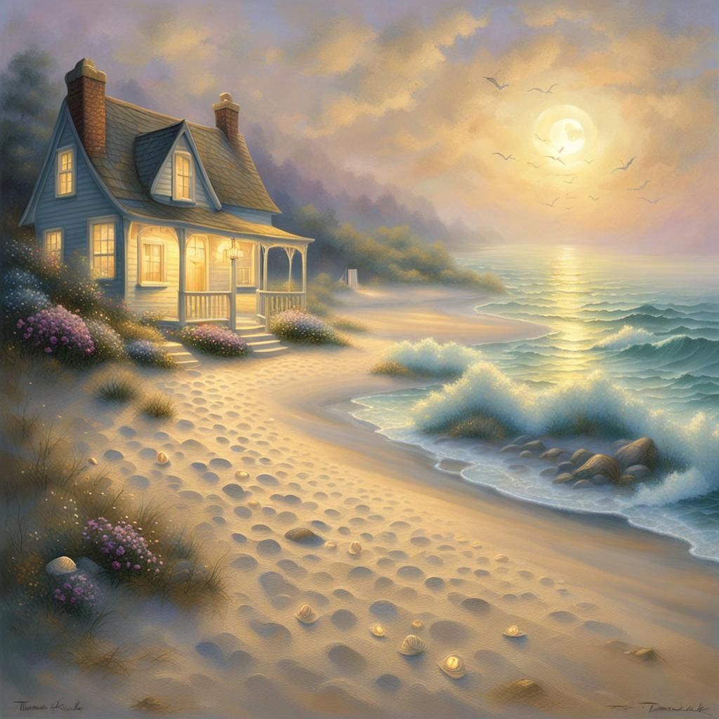 Serene Beach Cottage in Whimsical Fantasy Landscapes