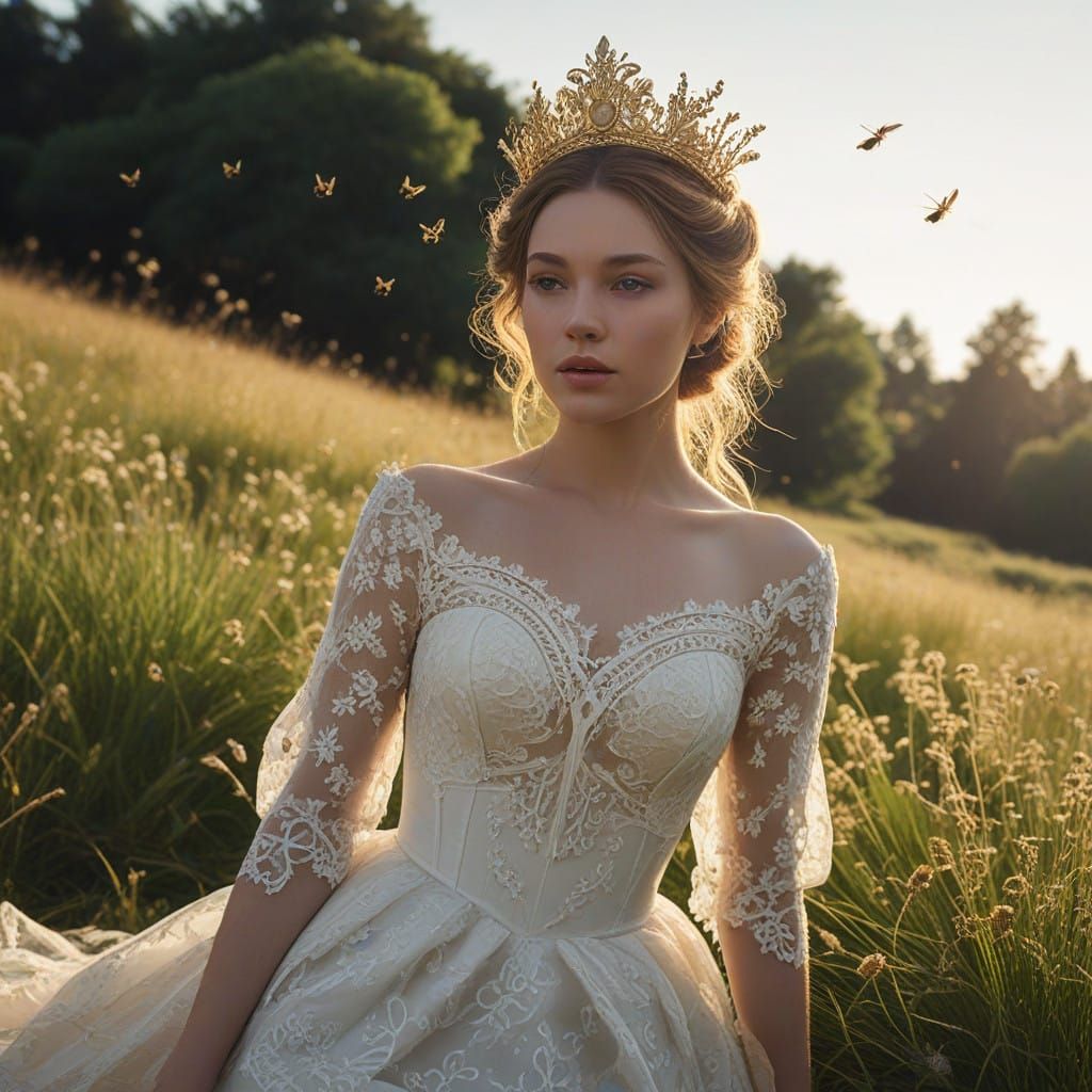 Enchanting 3D Princess Portrait with Golden Bees in a Sun-Ki...