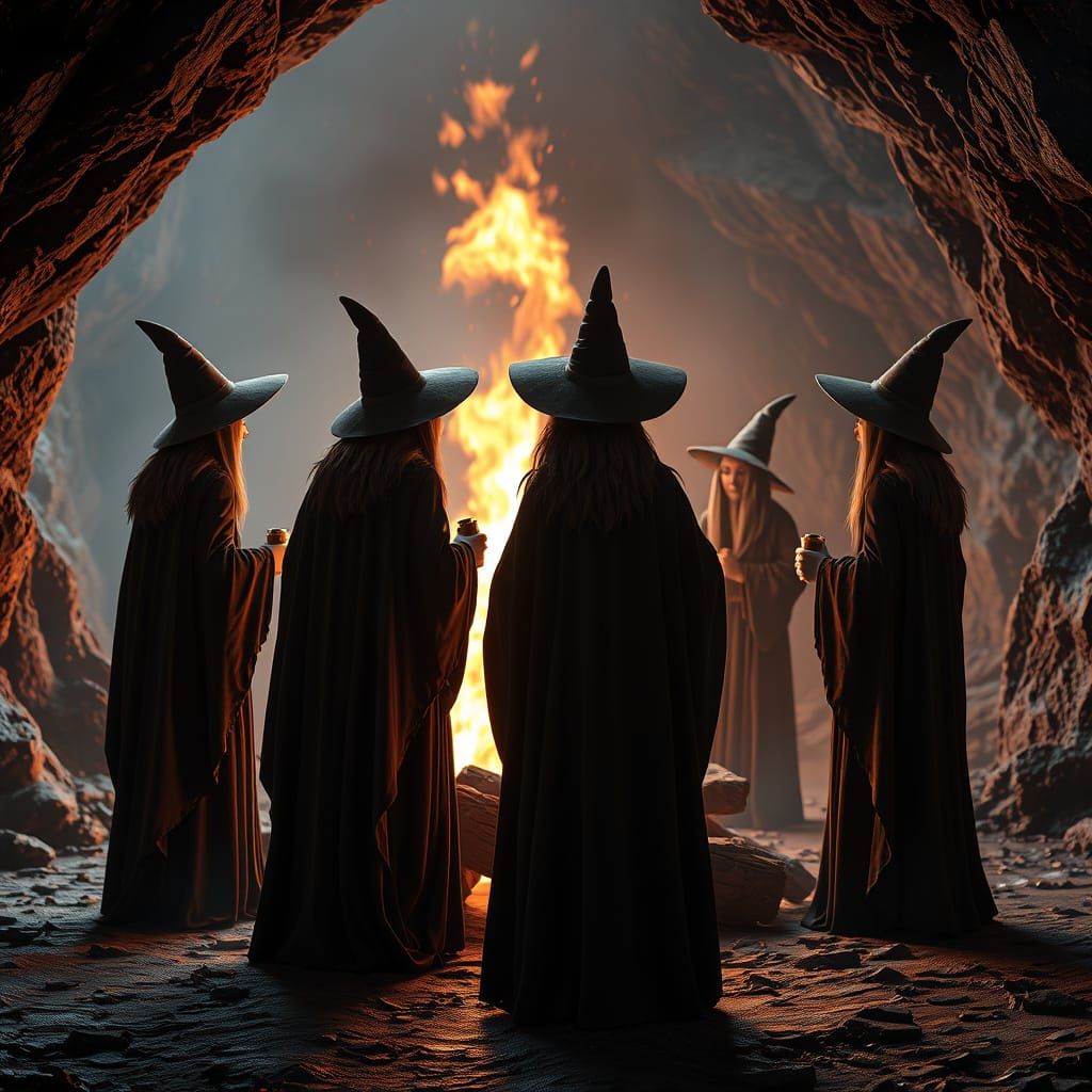 Witches Gathered Around Bonfire in Cave