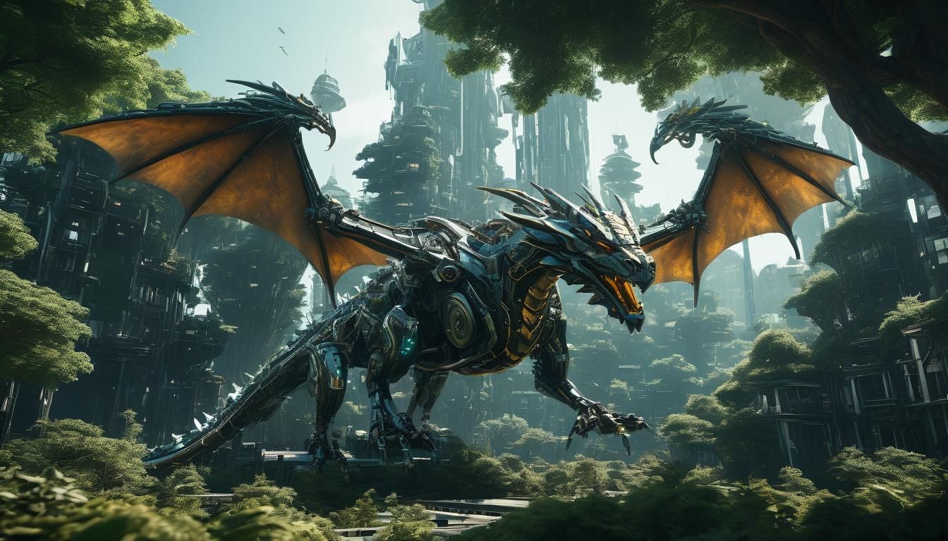 Epic Futuristic Dragon Mech Soars Above Elven City