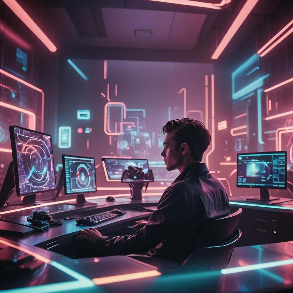 Epic Futuristic Office Scene in Film Noir Style