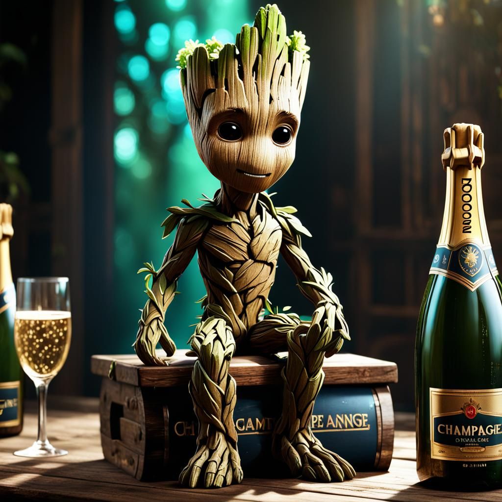 Groot Sparkles in a Champagne Bottle Scene