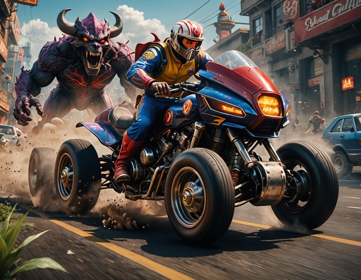 Here he comes here comes Speed Racer He's a demon on wheels. He's a demon chasin' after someone