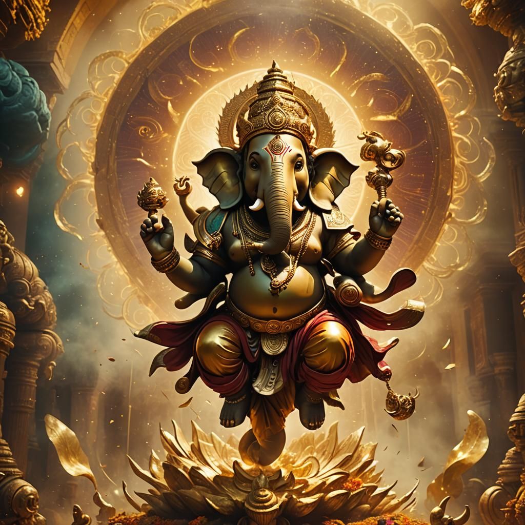Golden Immortals Style Portrait of Ra as Ganesh in Flight