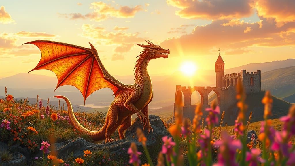 Majestic Golden Dragon Amidst Dawn's Vibrant Bloom