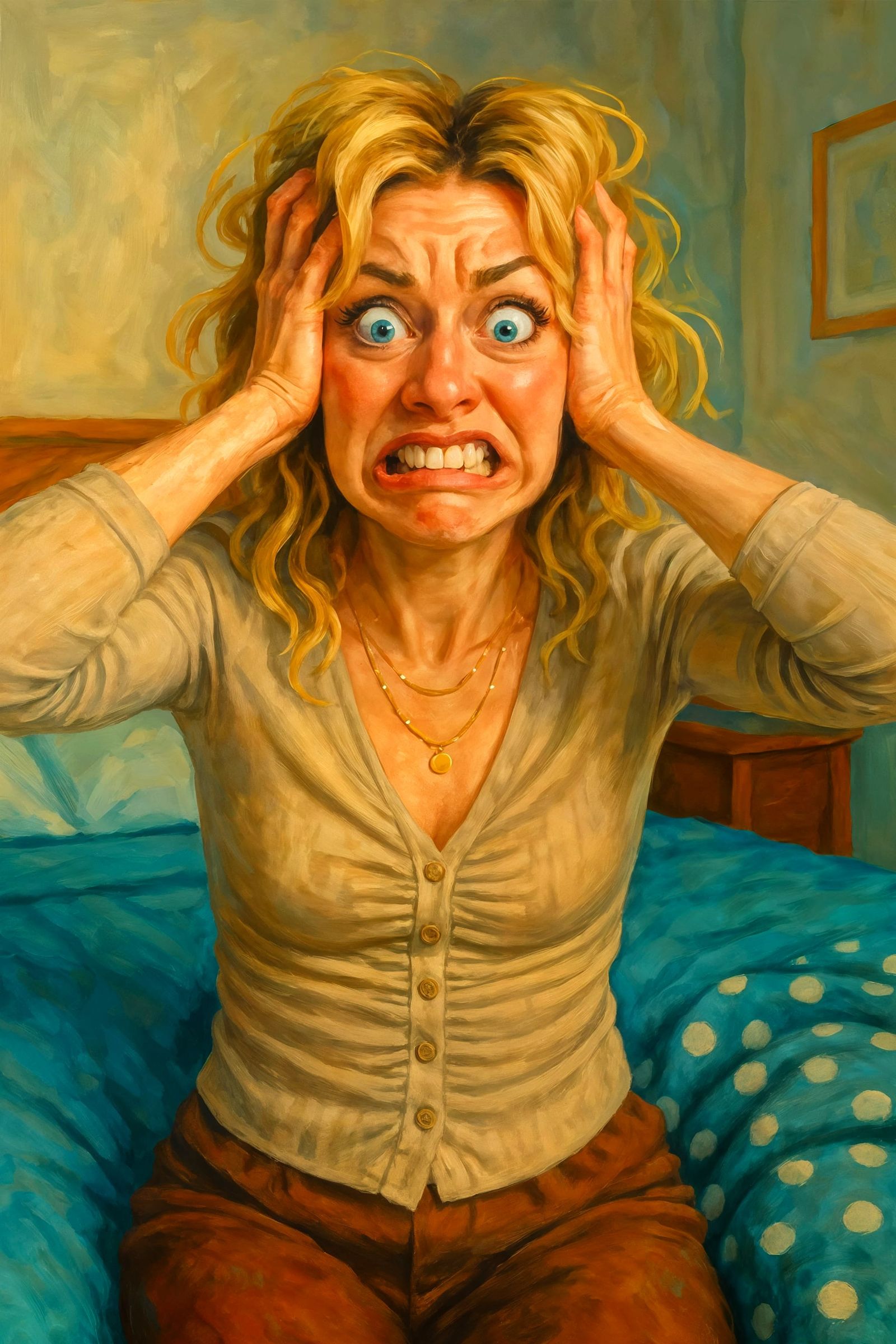 Comical Portrait of a Blonde Woman in Exasperation