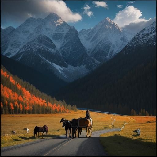 Horses on the Road to Morskie Oko in a Majestic Tatra Mounta...