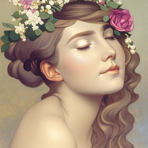 Ethereal Demeter Slumbering on Funeral Slab Amidst Floral Wr...