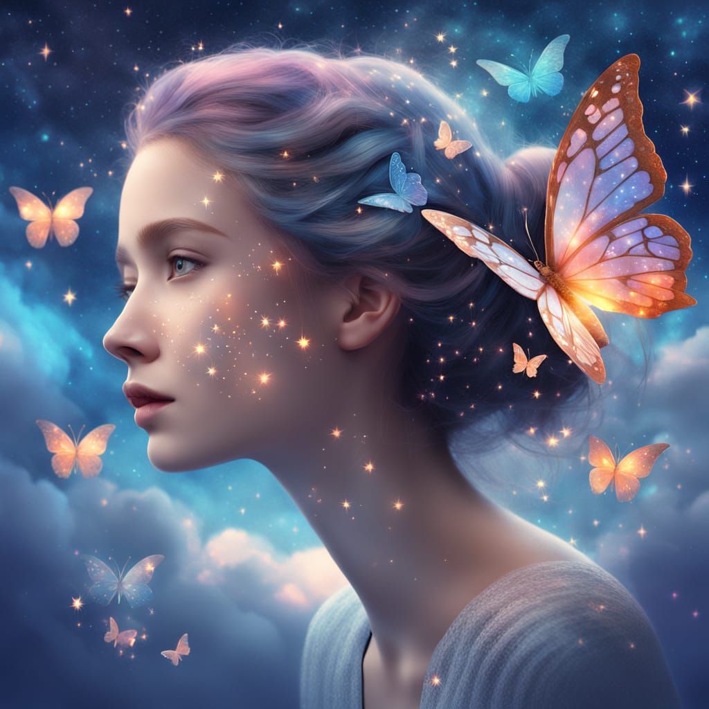 Ethereal Dream Portrait with Glowing Train and Butterflies