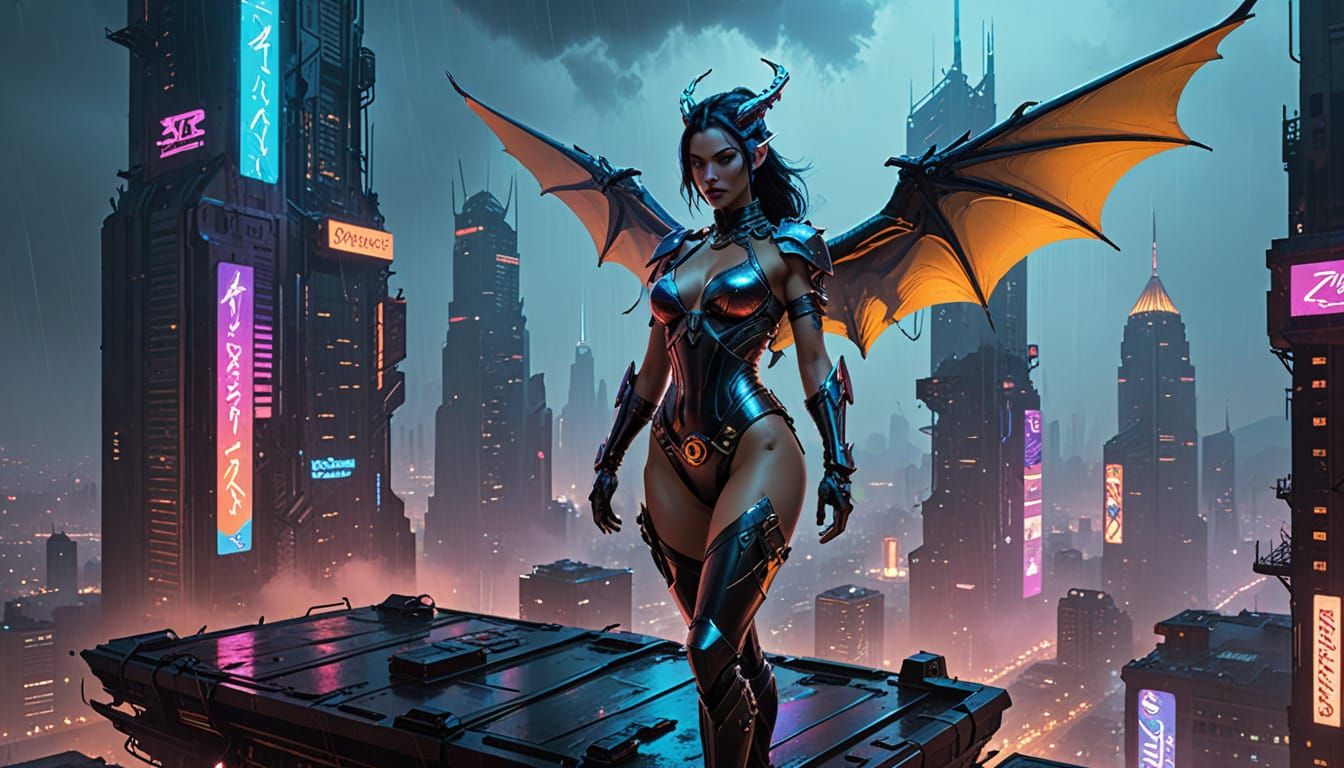 Cyberpunk Metropolis with Dragons and Cyber-Fey Queens