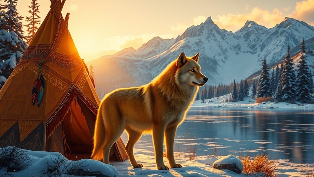 Golden Wolf Stands Near Golden Teepee in Winter Wonderland