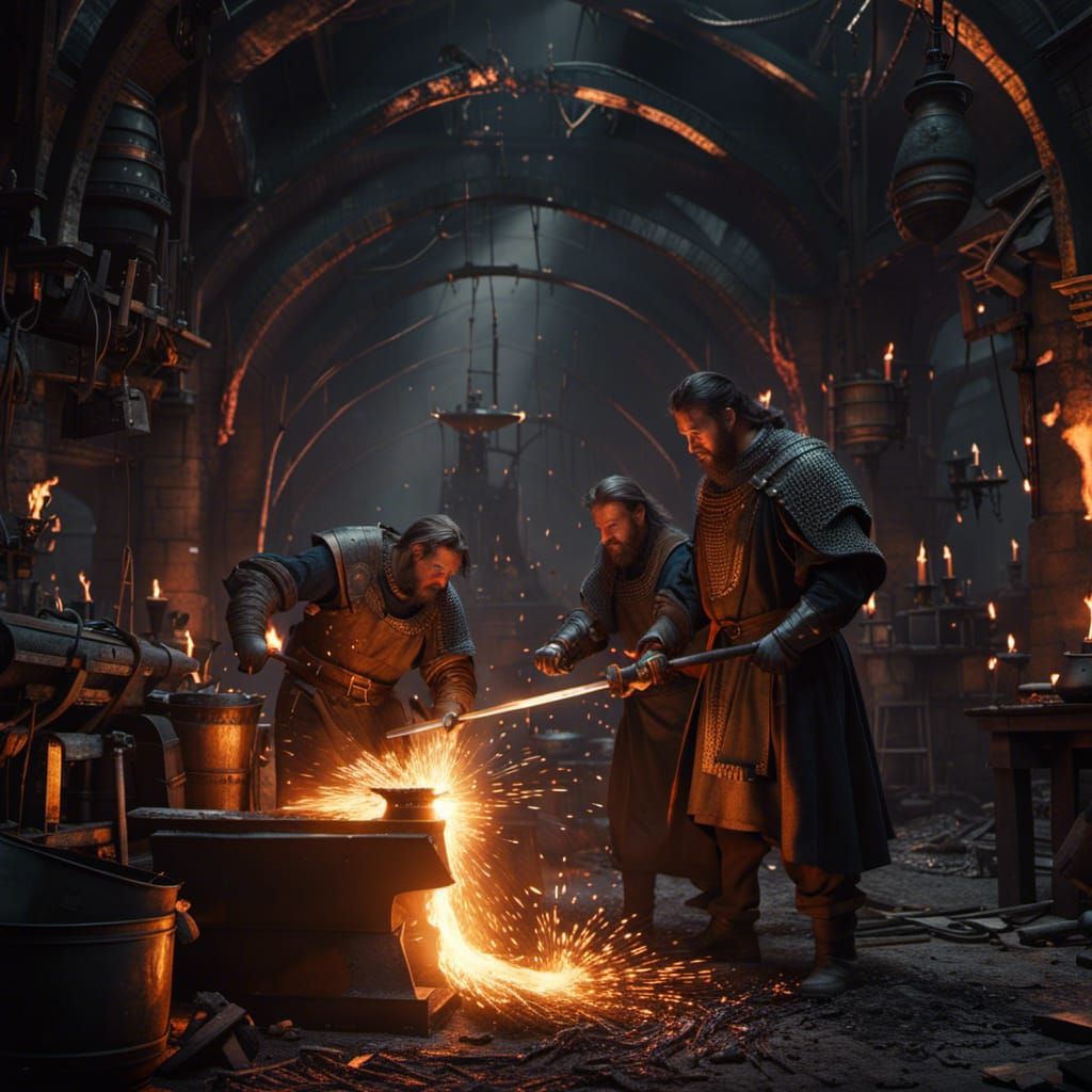 Blacksmiths forging a two-handed sword