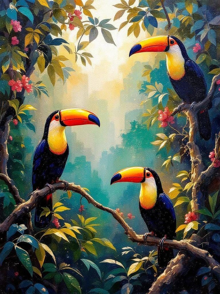 Toucans in Jungle: Encaustic Impressionist Fusion