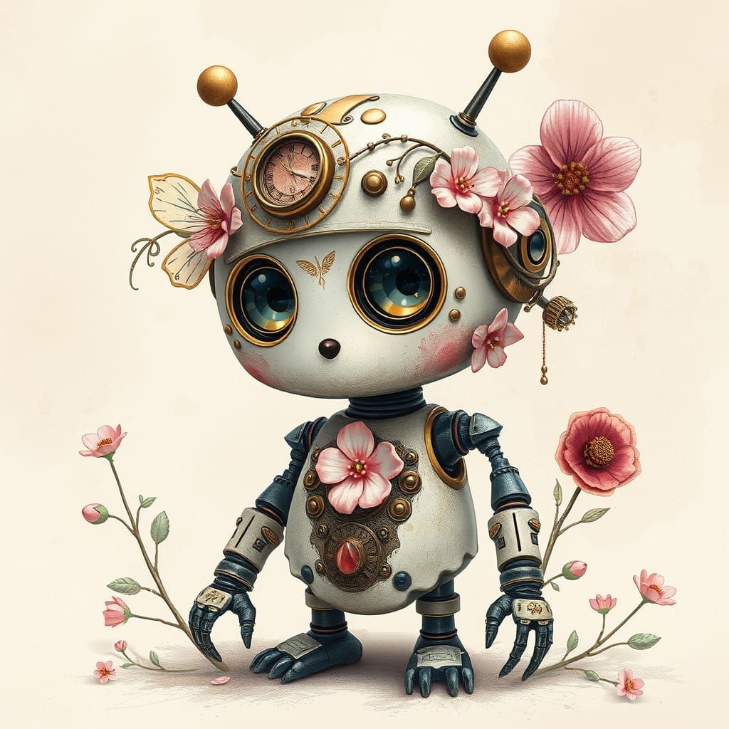 Steampunk Robot in Whimsical Flowerpunk Attire