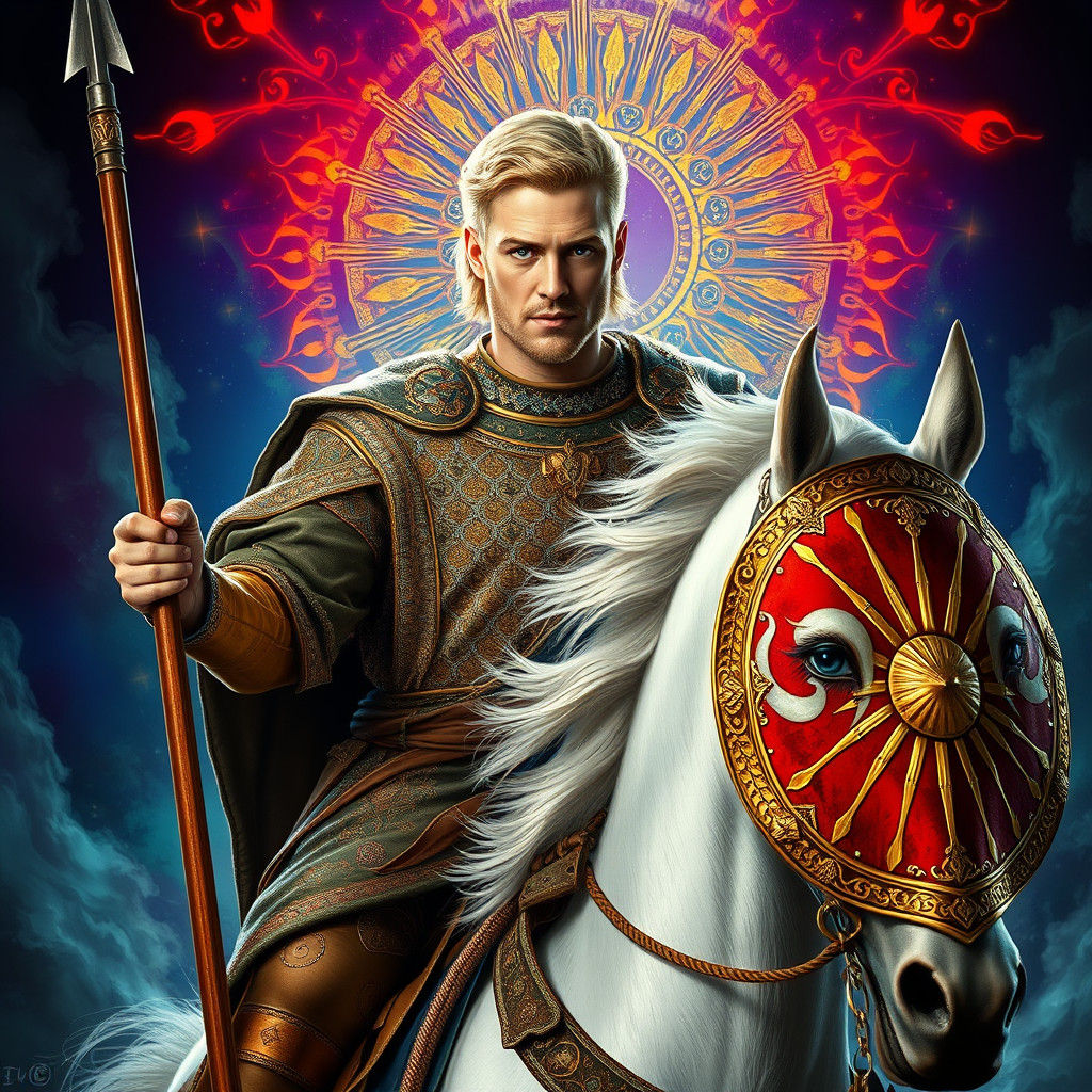 Heroic Slavic Warrior on Majestic White Horse