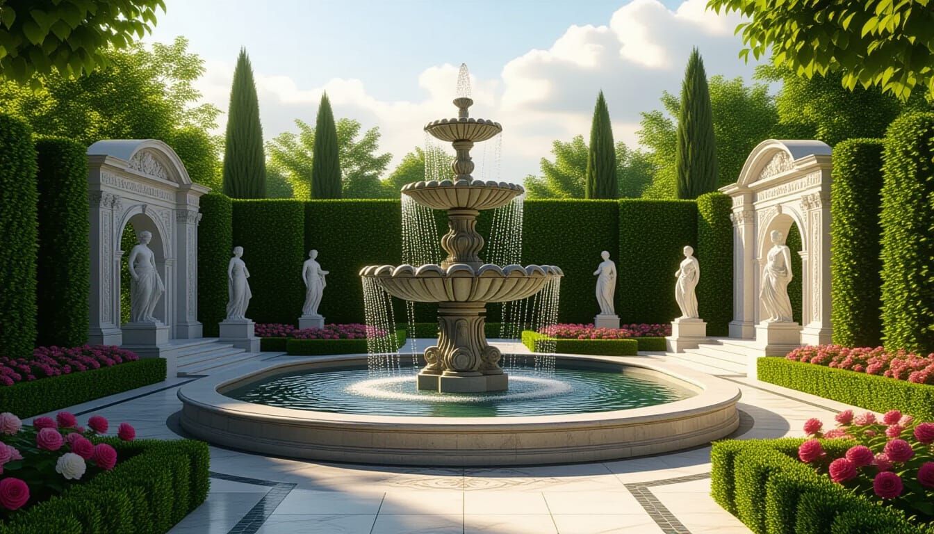 Ornate Fountains in Serene Garden Setting