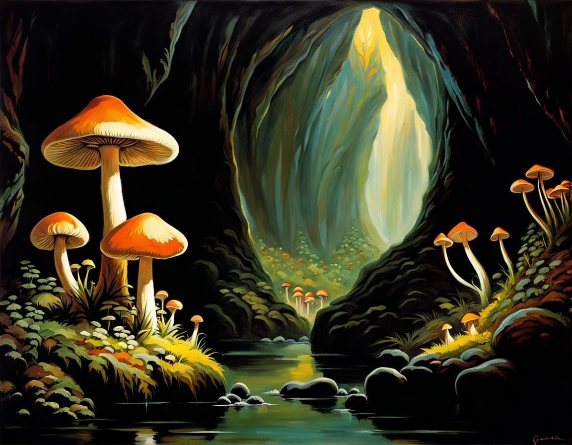 Dark Fantasy Oil Painting of Mysterious Cave Fungi in Deep S...