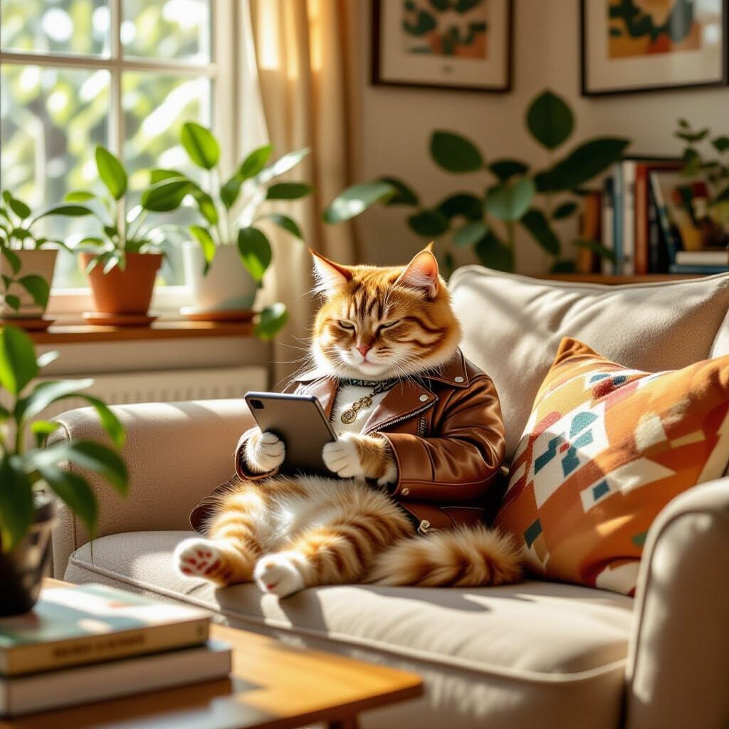 Ginger Cat in Leather Jacket, Mid-Century Modern Style