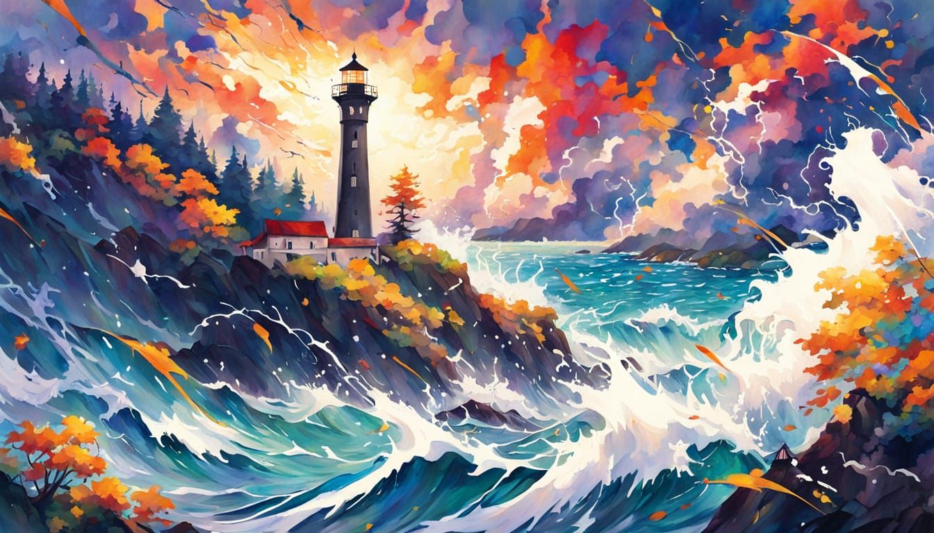 Lighthouse on Cliff in Abstract Glitchcore Storm