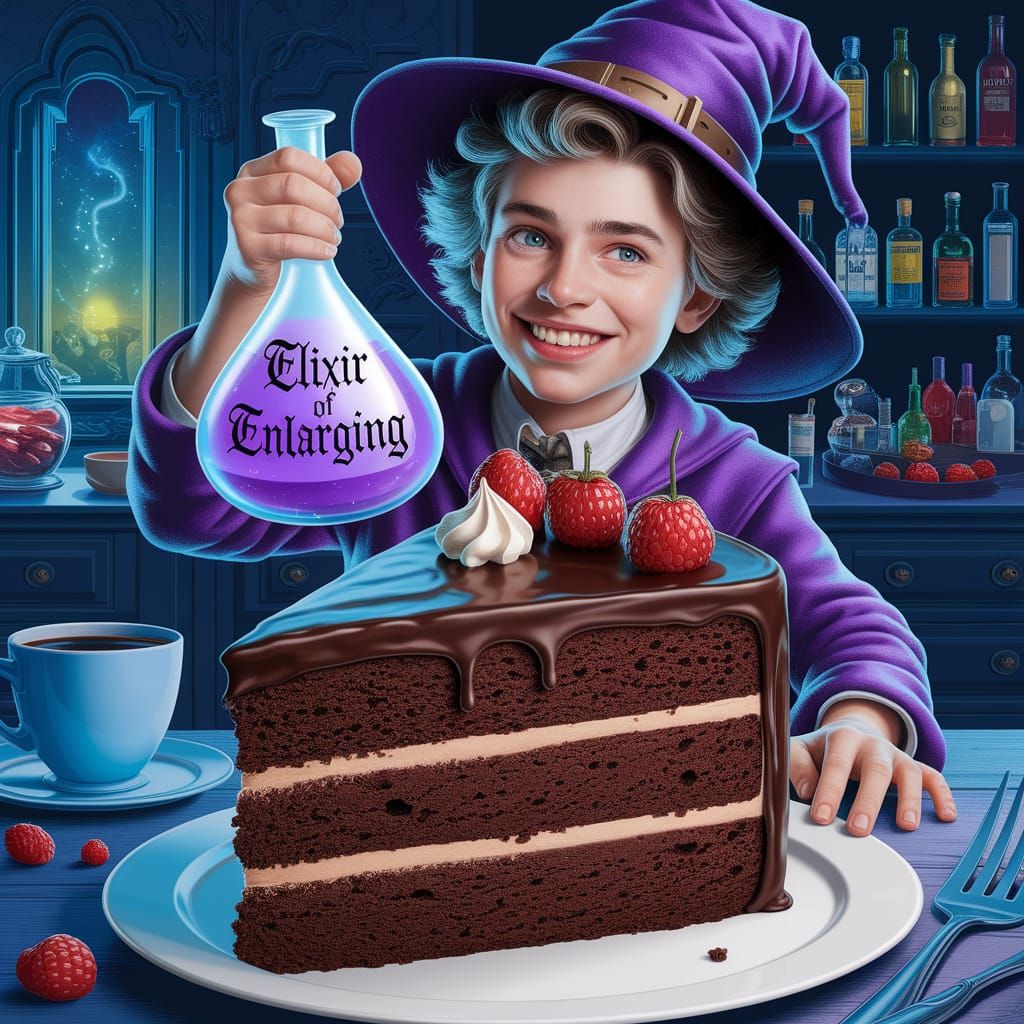 Mischievous Apprentice with Enlarging Elixir and Cake