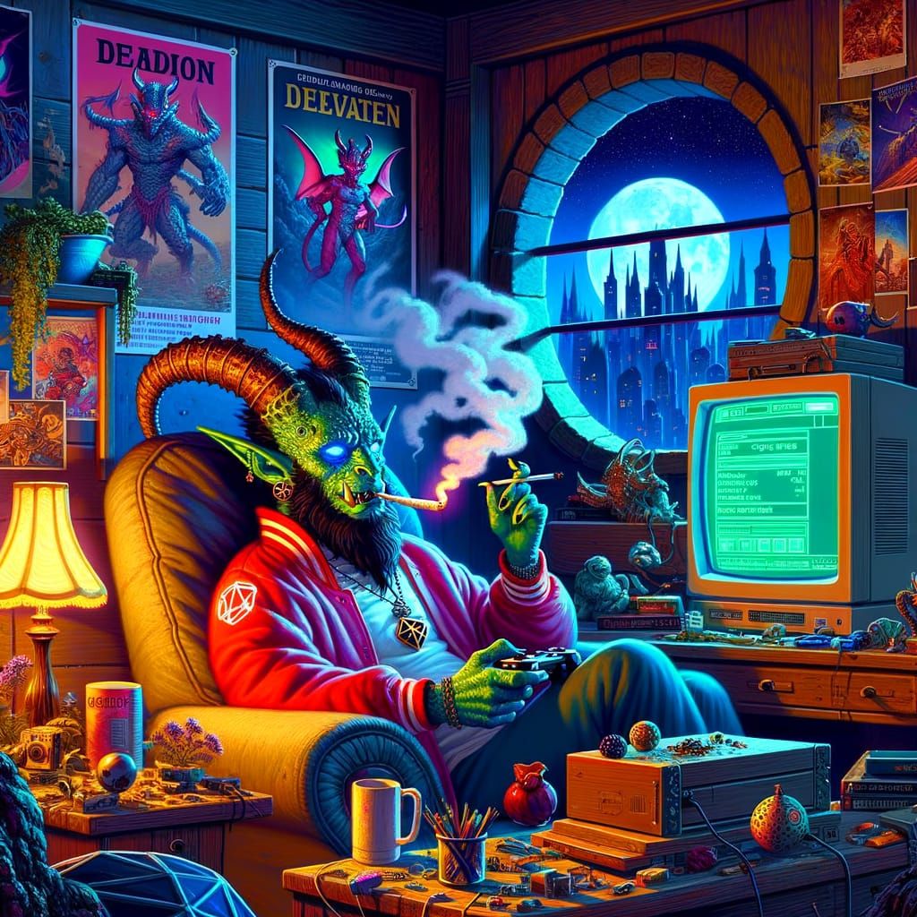 Tiefling Gamer in Cyberpunk-Inspired Room