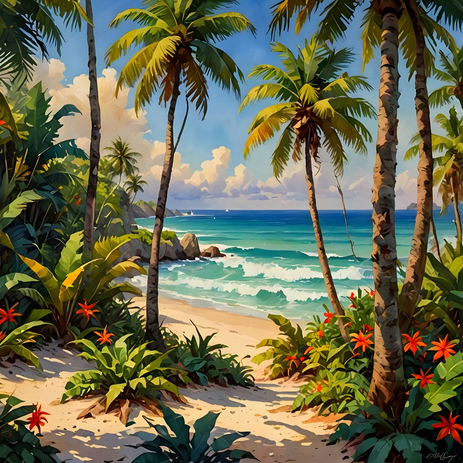 Vibrant Tropical Oasis in Luxurious Gouache
