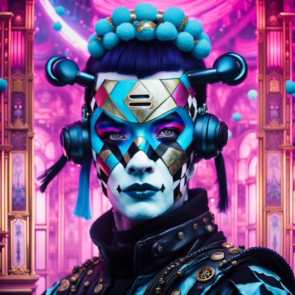 Portrait Cyborg  harlequin make up Versailles Vaporwave scra...