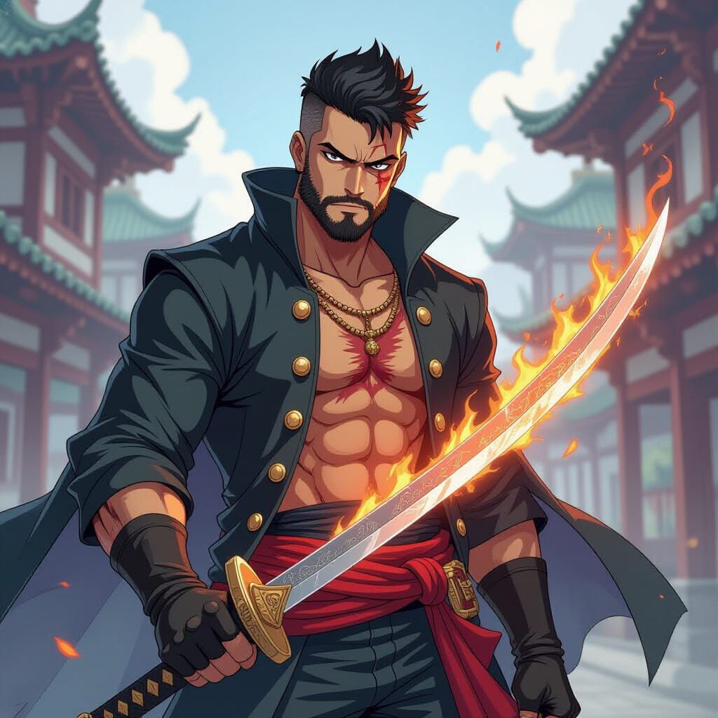 Flaming Sword Warrior in Anime Style