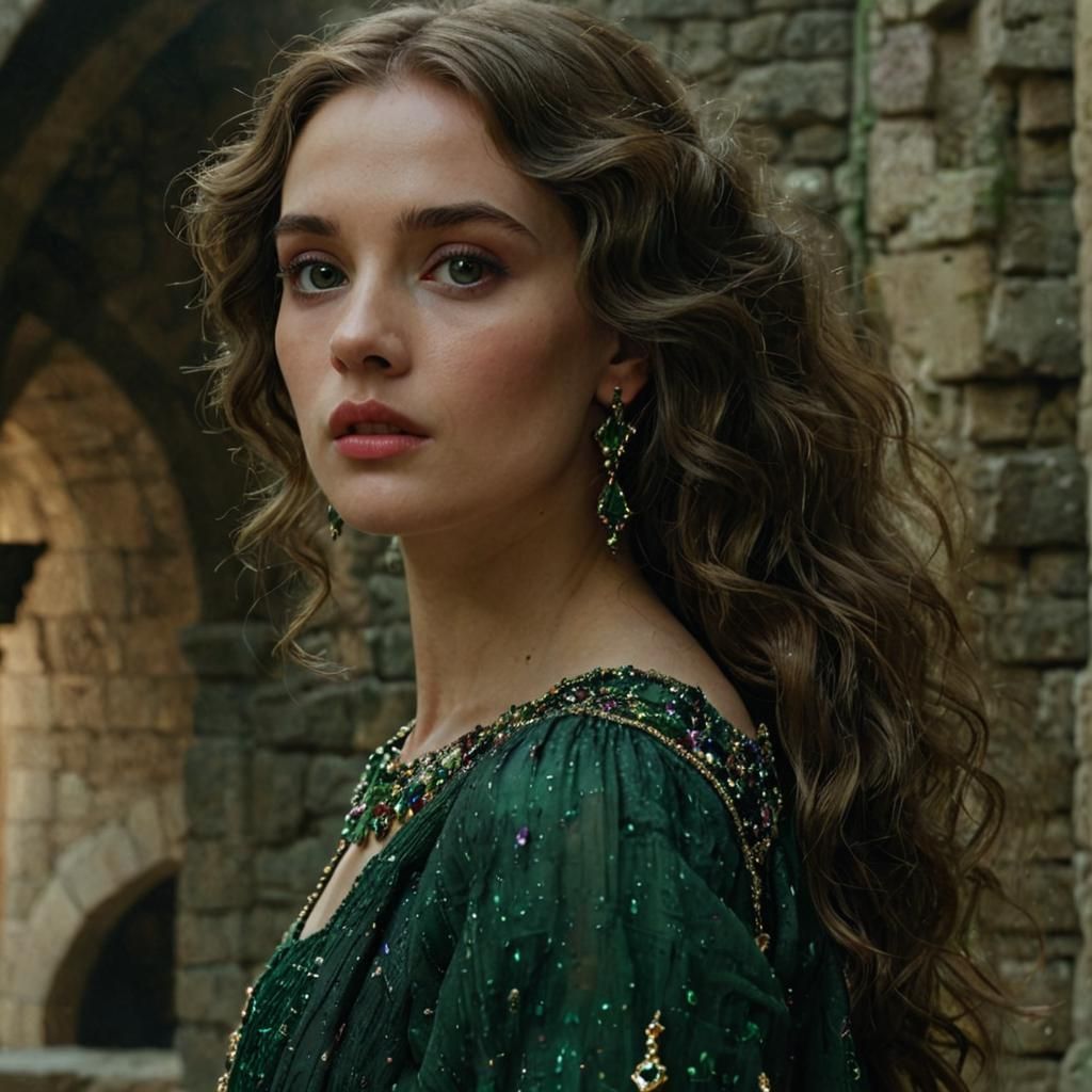 Elegant Lady in Ruined Castle Hall