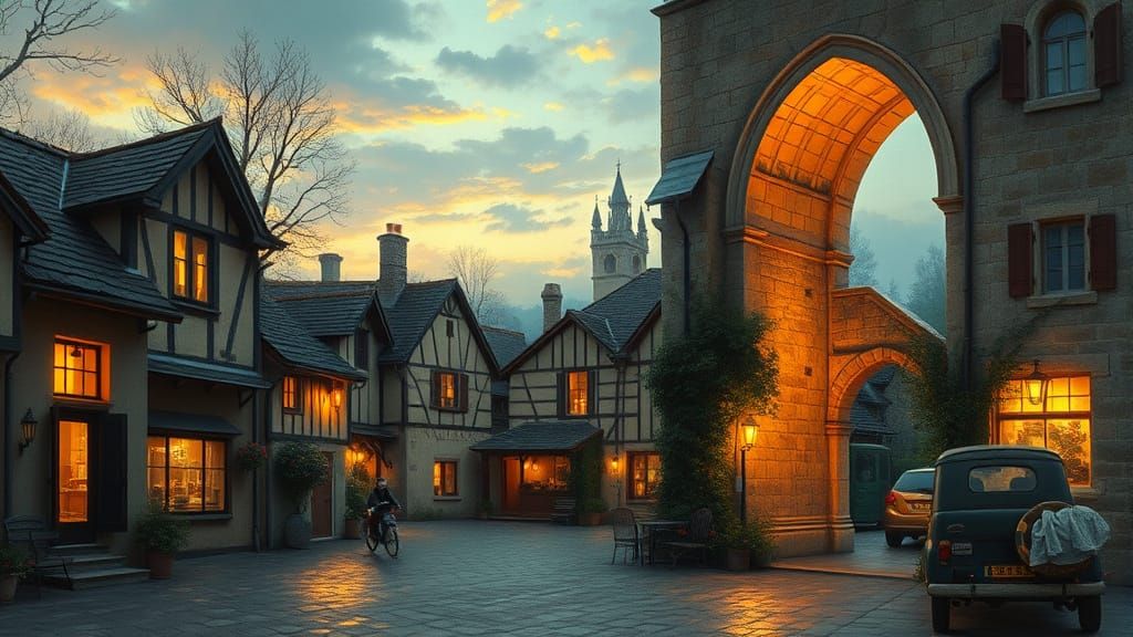 Quaint Village Square Portal at Dusk