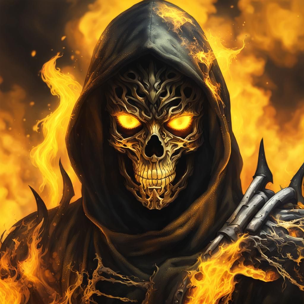 A yellowish scary skeletonface with fire smokey eyes do not make human eyes just make them fire. Fire aura or realistic ...