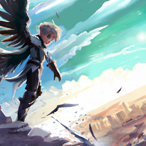 Heroic Anime Boy Soars on Falcon Wings Over Ruined Cityscape