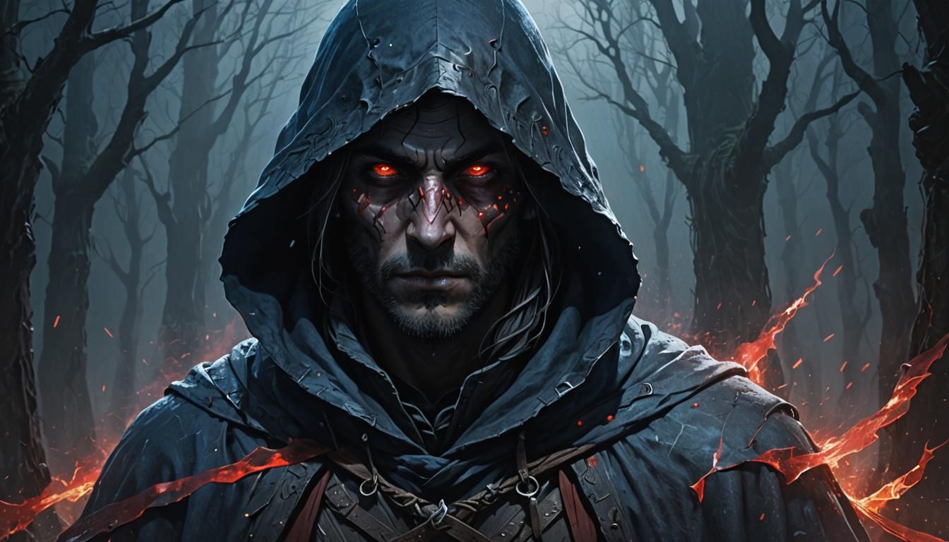 A Mysterious Figure in a Hooded Cloak, Softly Lit, with Vivi...