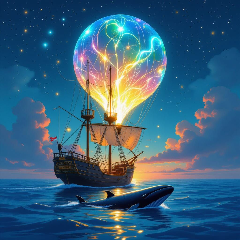 Bioluminescent Balloon Golden Ship Over Ocean