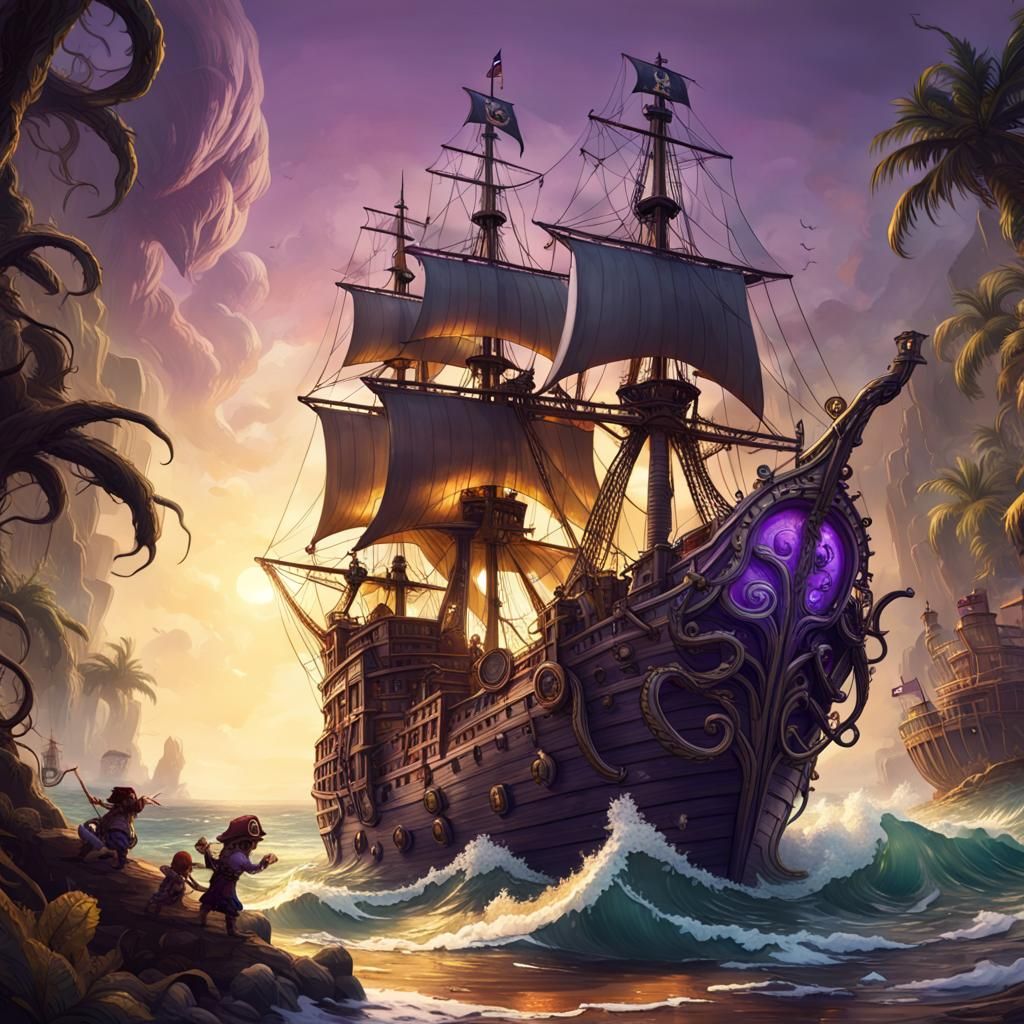 Dark Fantasy Pirate Ship Battles Kraken in Masterpiece Conce...