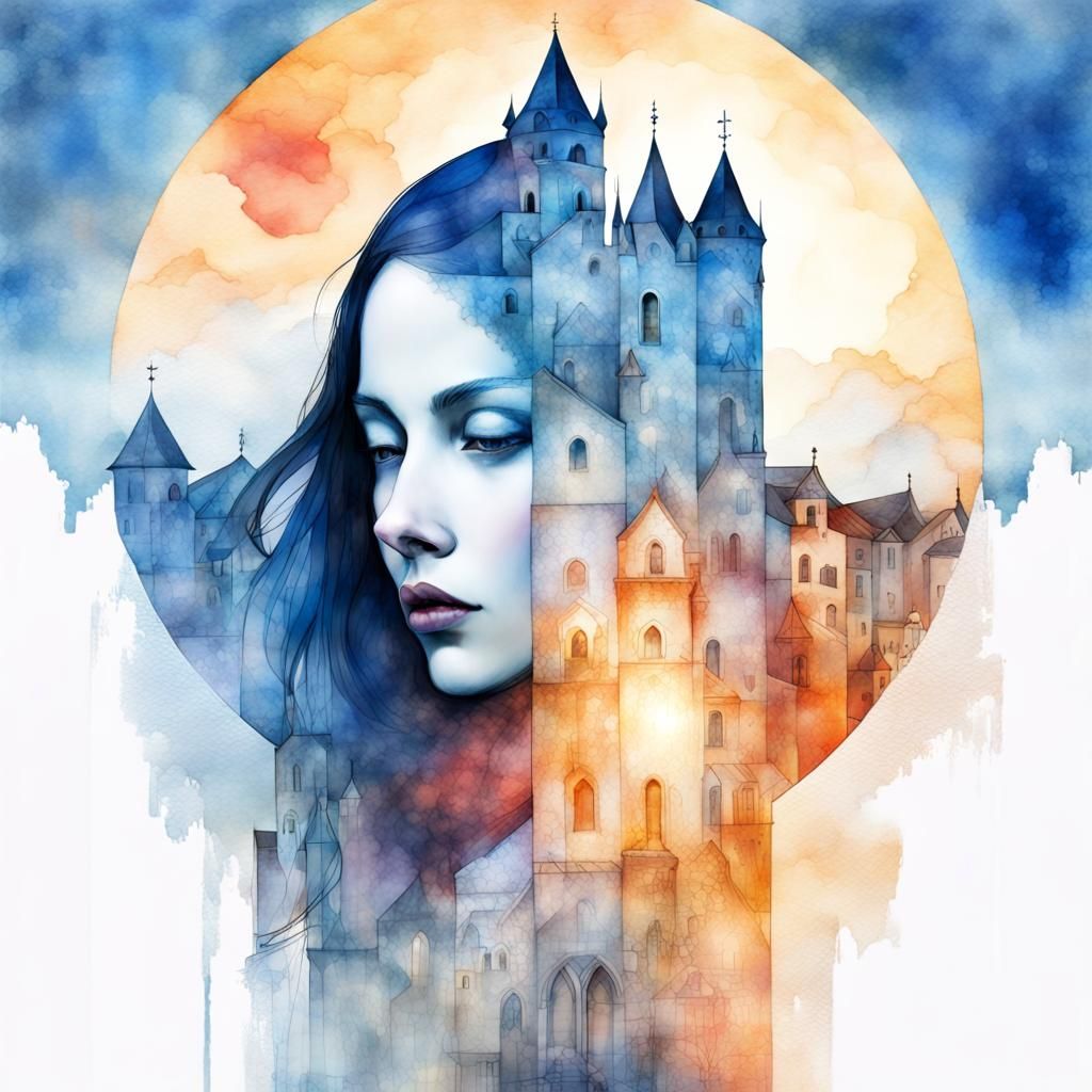 Medieval Sunset Lady in Vibrant Watercolor