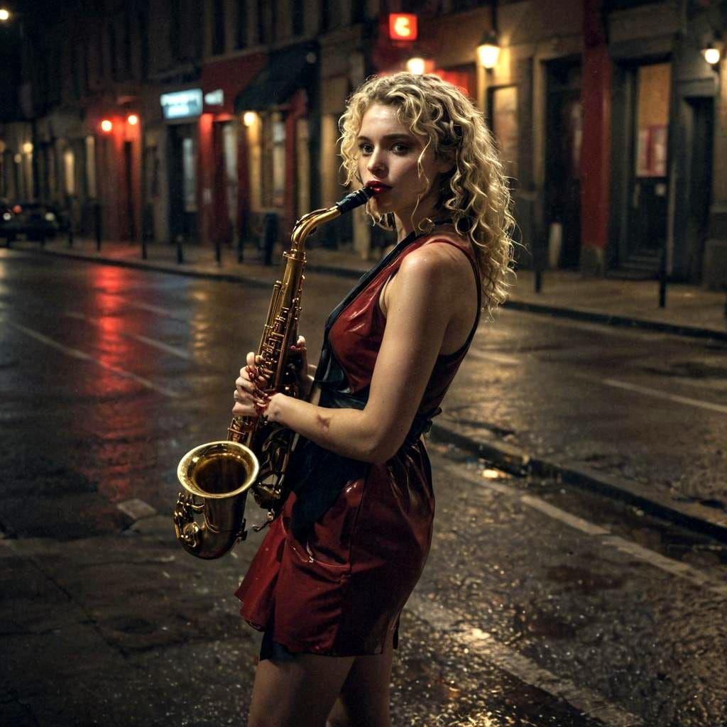 Blond Curly Girl Plays Red Saxophone in Desolate City Street