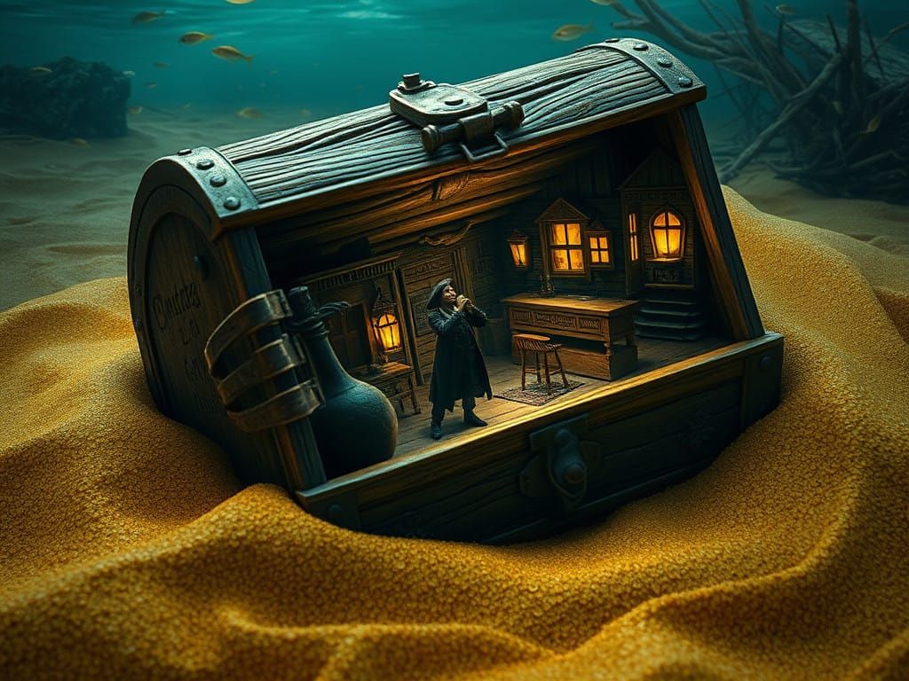 Surreal Underwater Treasure Chest with Ghostly Pirate Scene....