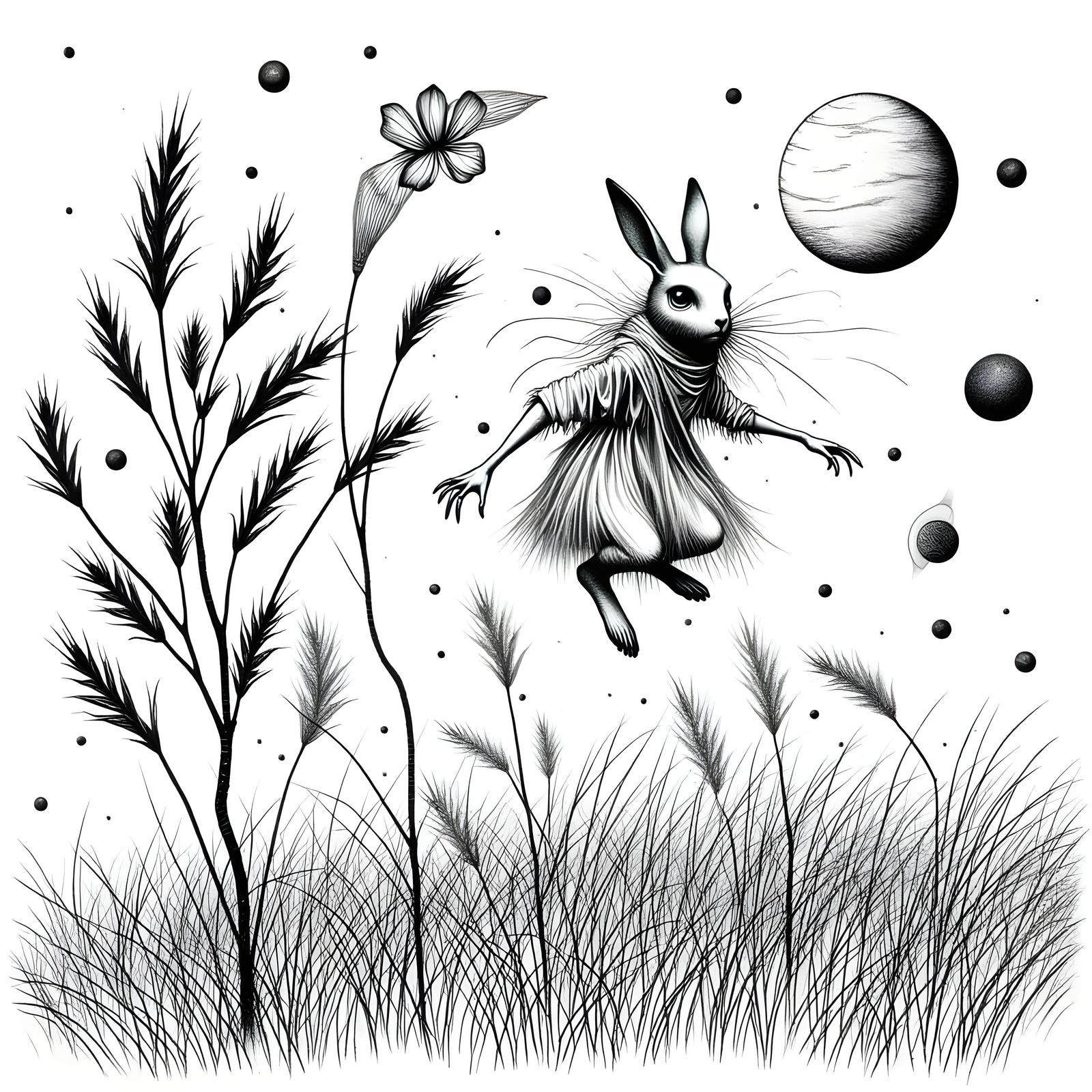 Surreal Wire-frame Alien Landscape with Bouncing Rabbit