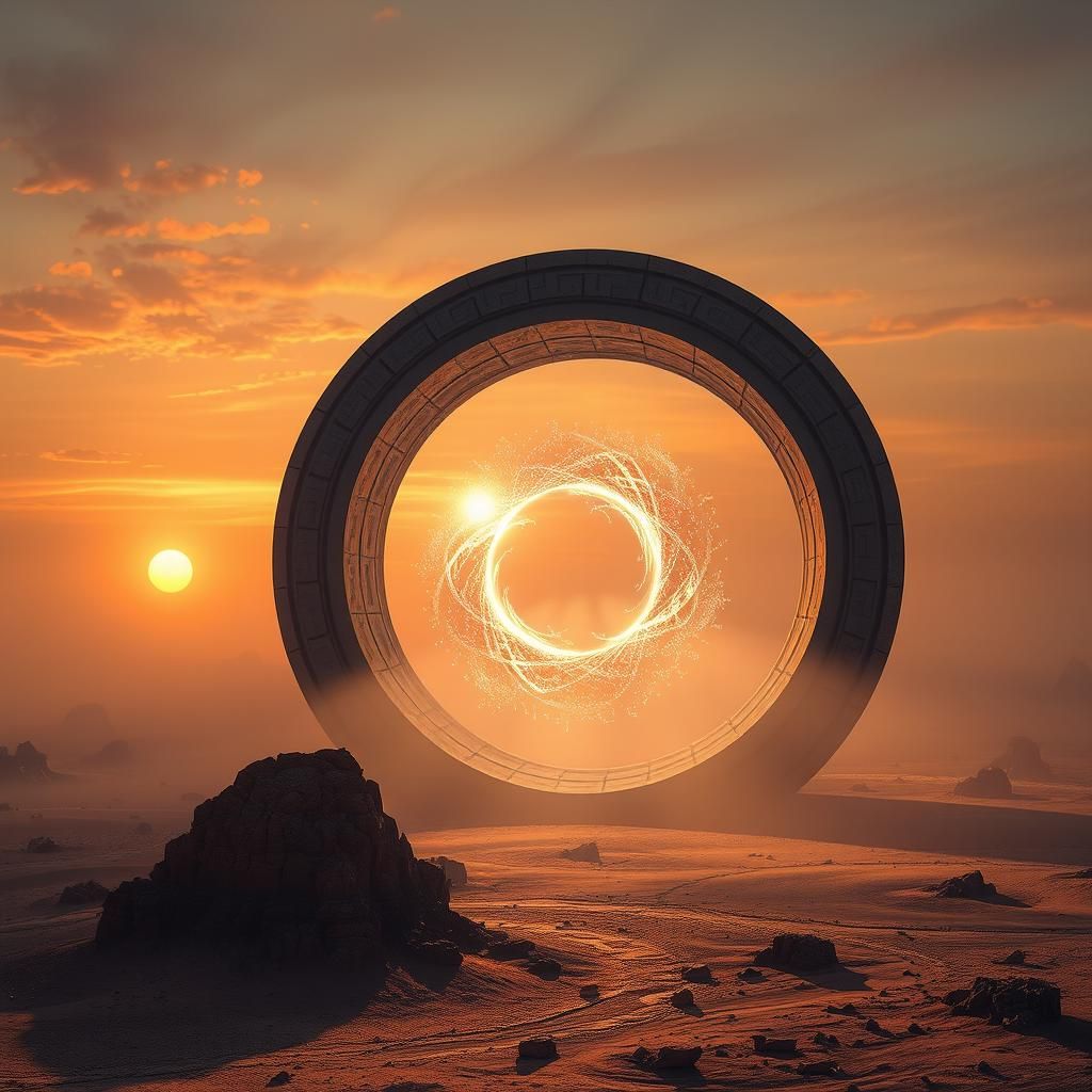 Surreal Futuristic Portal Structure in Ancient Desert Landsc...
