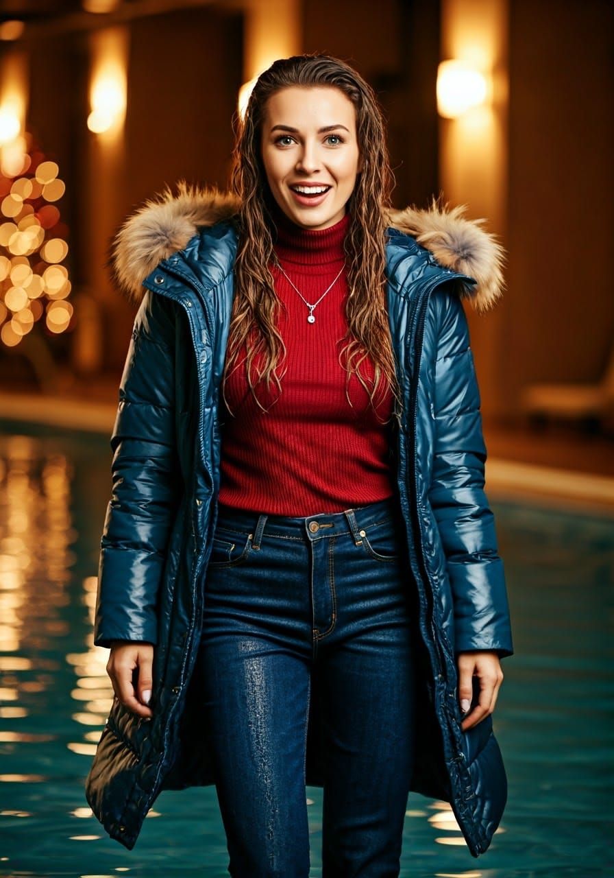 Wet and Delighted: Elegant Woman Soaks Up the Moment