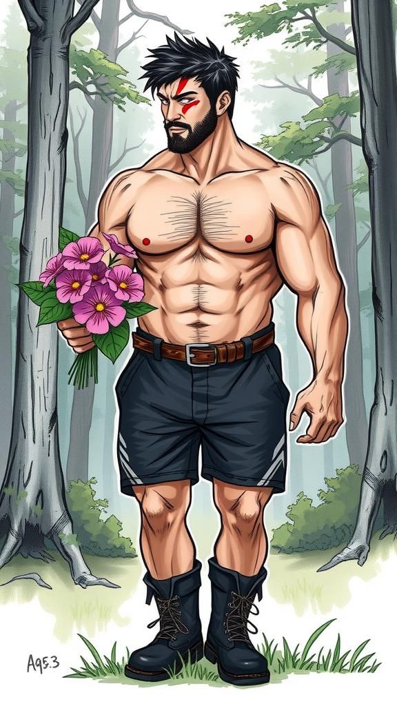 Man with Broad Shoulders and Pink Flowers in a Forest