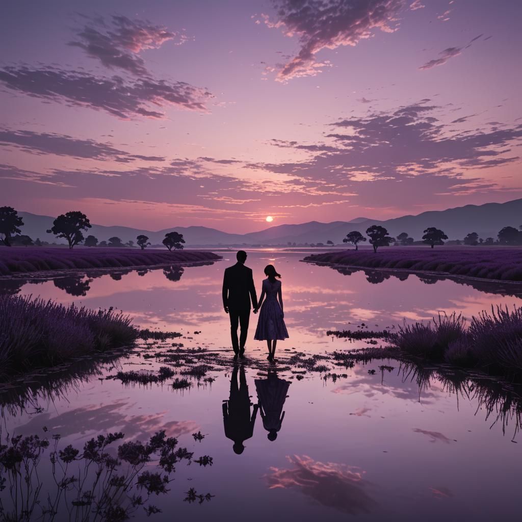 Love Silhouette Against Lavender Waters at Dusk in Epic Digi...