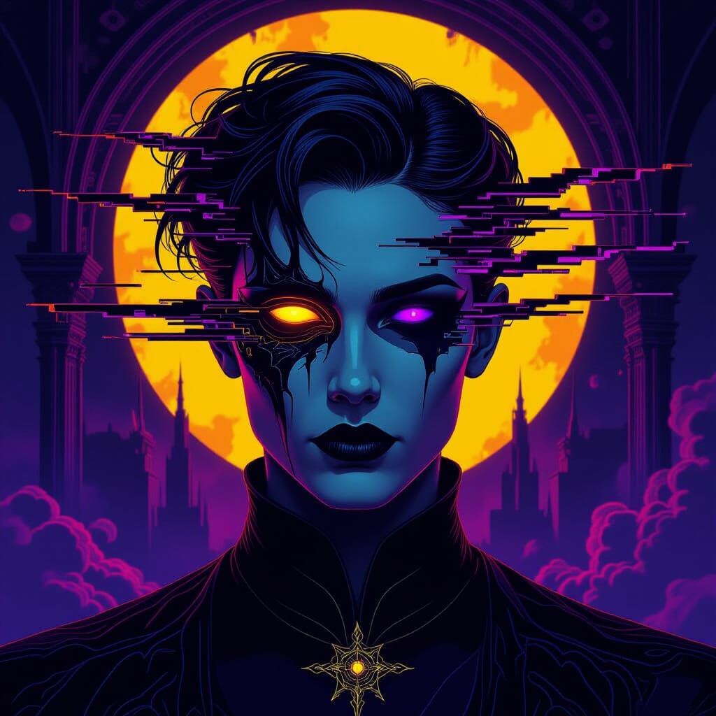 Distorted Portrait in a Dark Fantasy Glitch Art Style