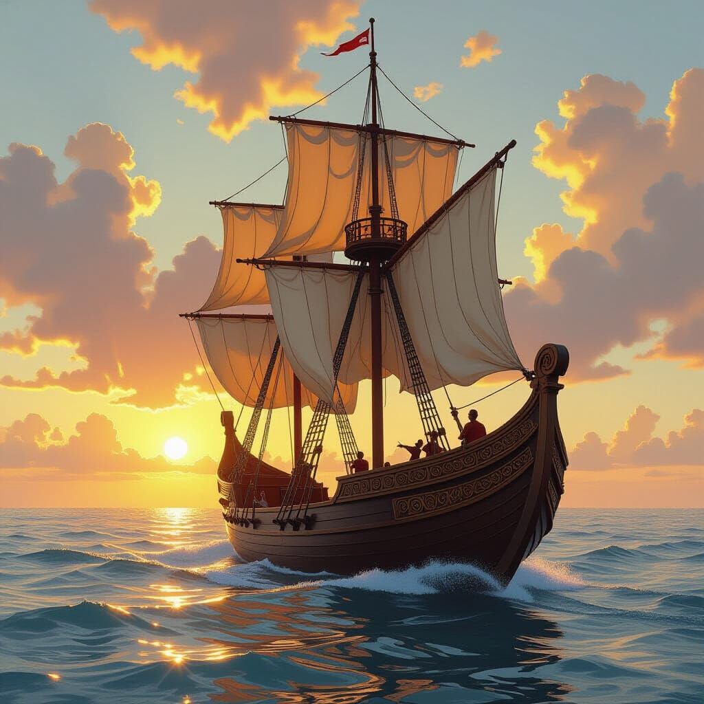 Ancient Roman Galley Ship on Serene Sea