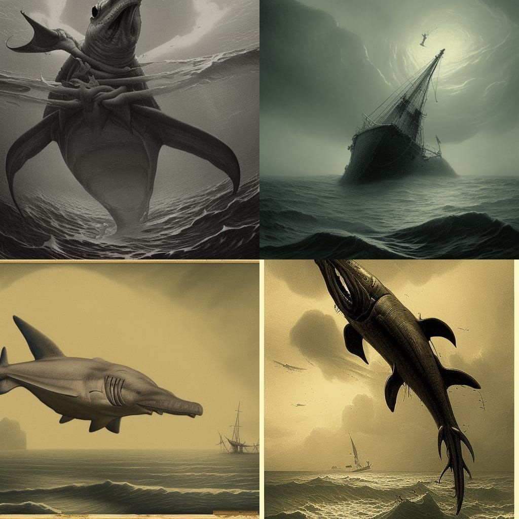 Ancient Cartography Hammerhead Shark in Dark Maritime Style