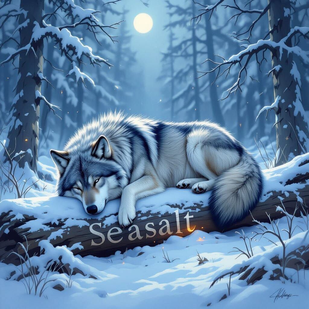 Majestic Wolf Sleeps in Moonlit Snowy Forest