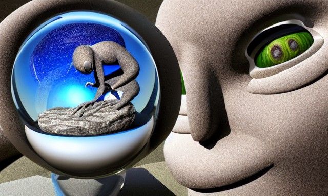 Realist 3D Render of a Stone Guardian Amidst a Glass Galaxy