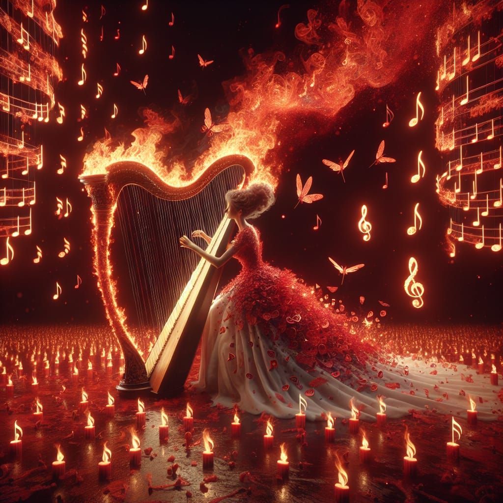 Fantasy Harpist in a Blaze of Musical Notes