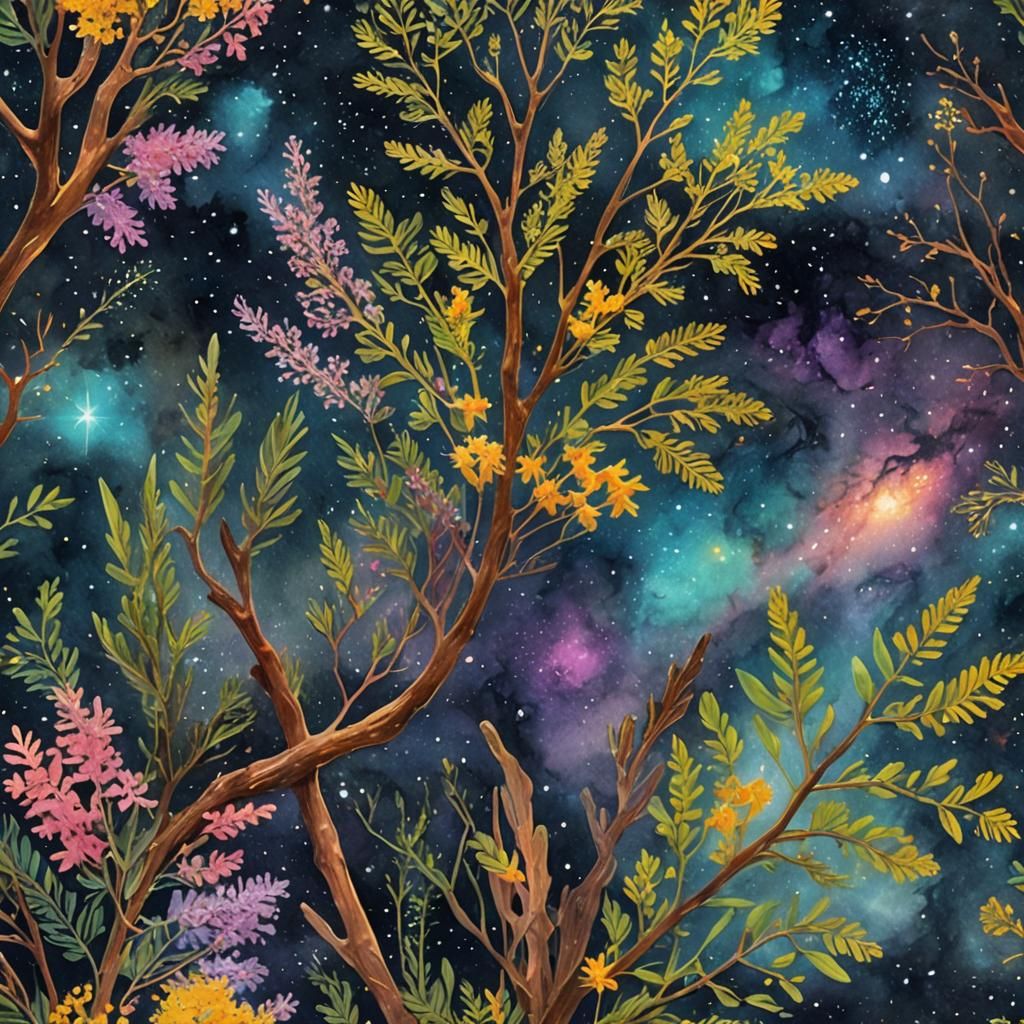 Vibrant Cosmic Dreamscape with Blooming Flowers and Glowing....